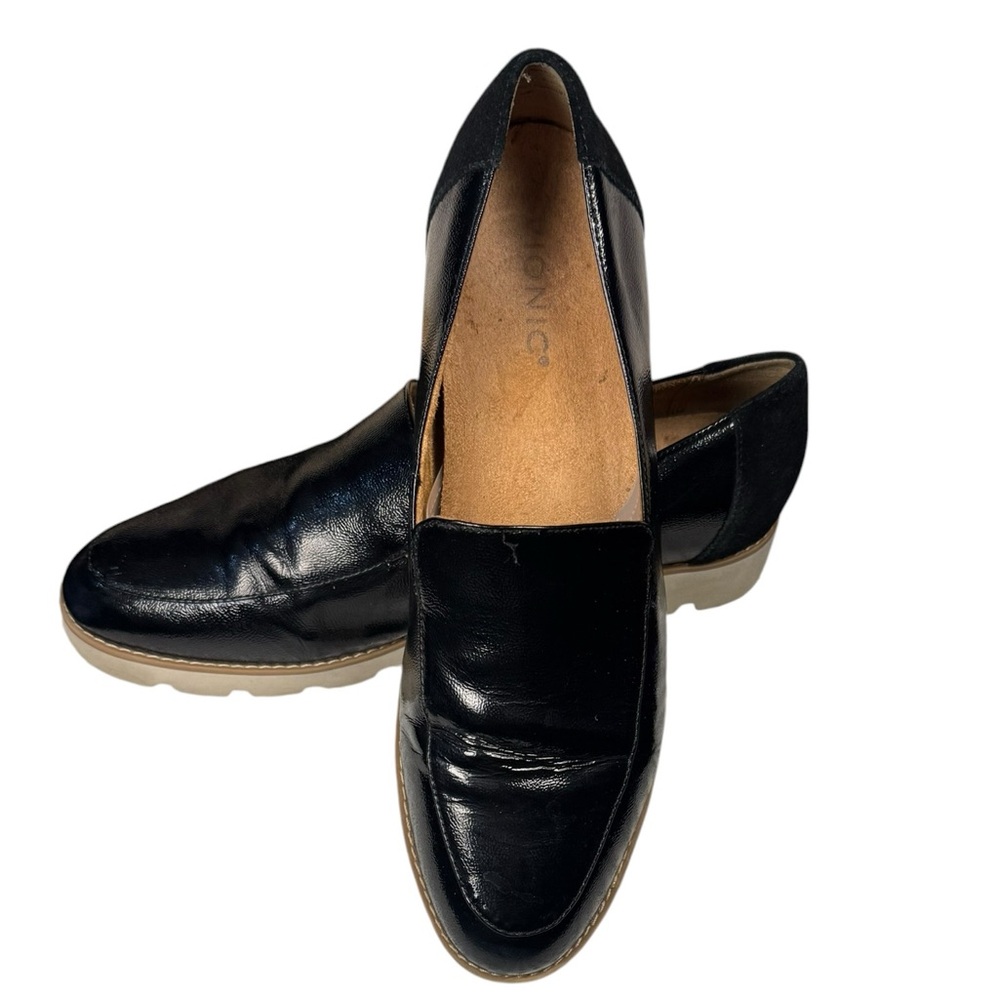 Vionic Black Leather Slip-On Loafers with Tan Soles - Picture 6 of 13
